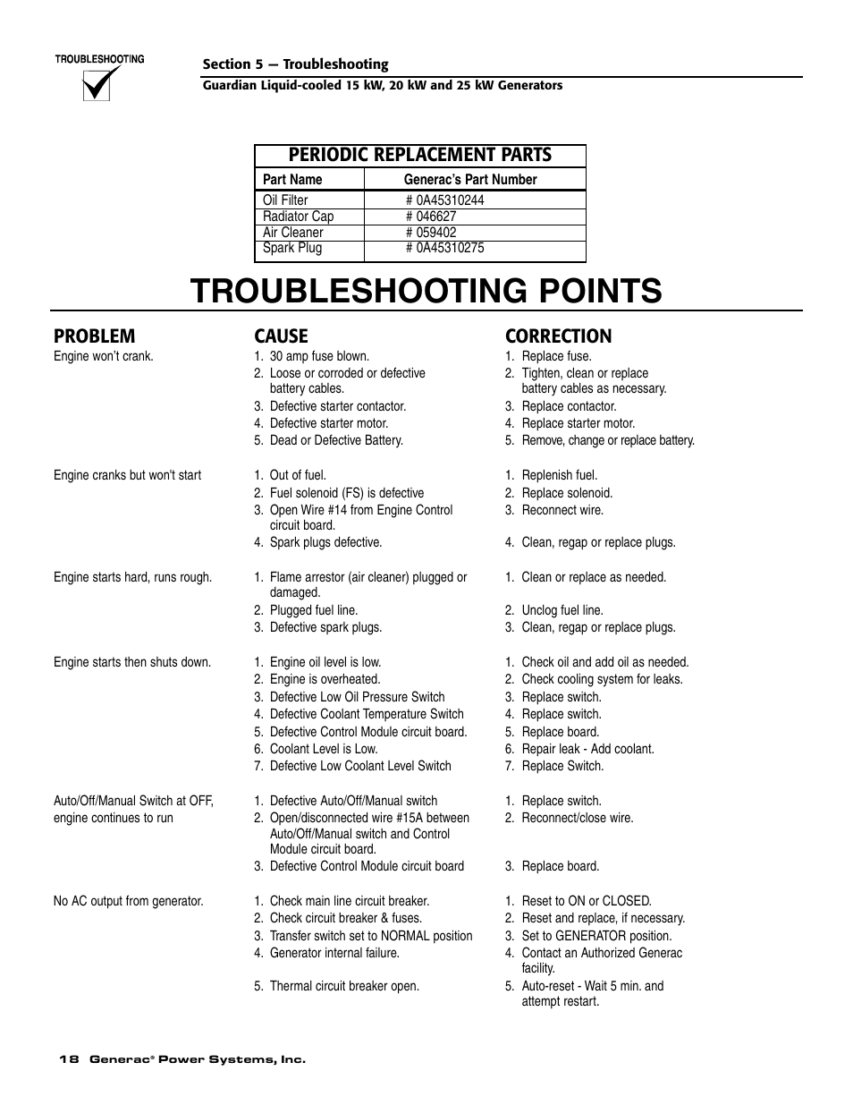 Troubleshooting points, Problem cause correction, Periodic replacement parts | Generac Power Systems 004475-1 User Manual | Page 20 / 60