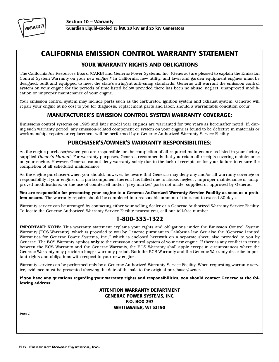 California emission control warranty statement | Generac Power Systems 004475-1 User Manual | Page 58 / 60