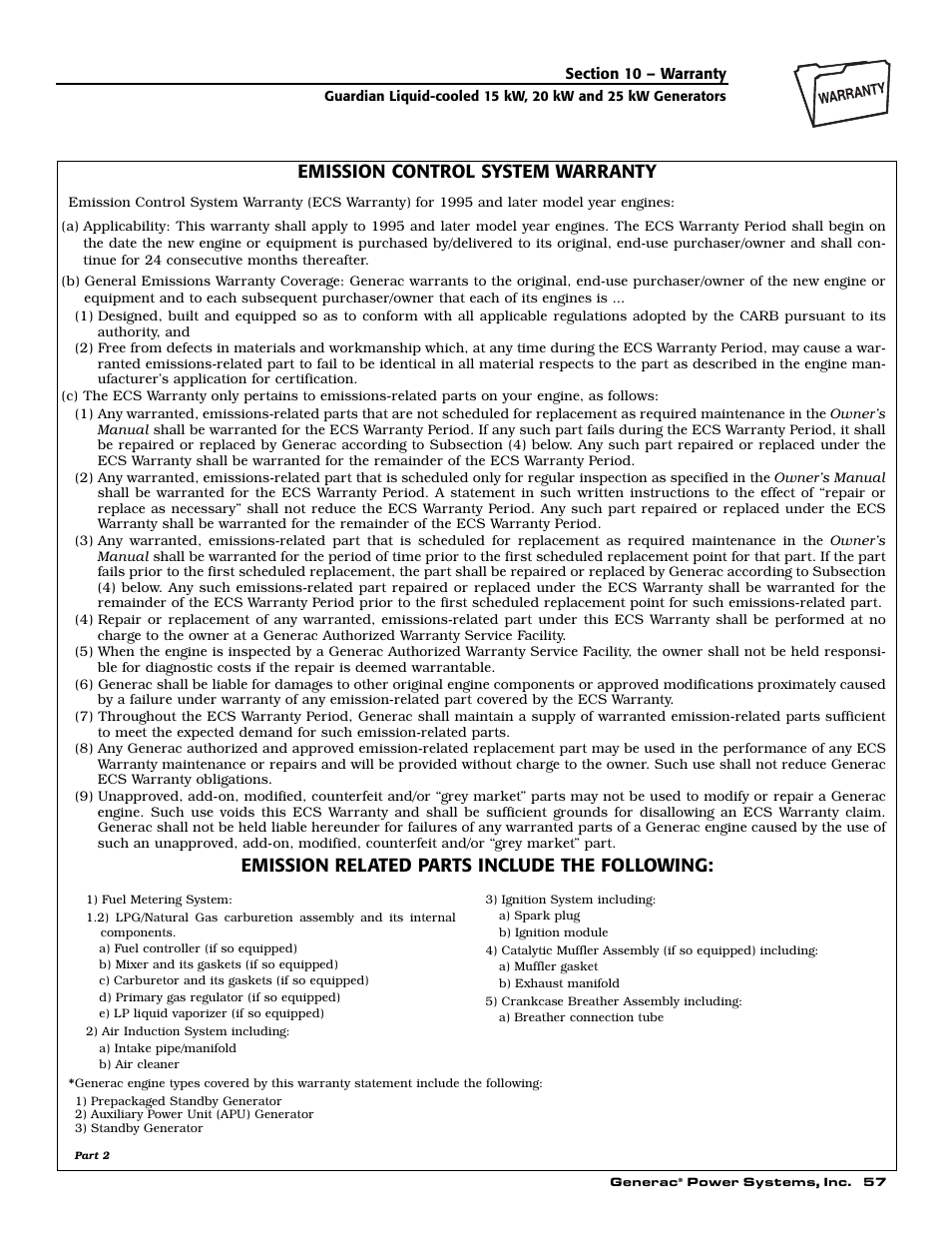 Emission control system warranty, Emission related parts include the following | Generac Power Systems 004475-1 User Manual | Page 59 / 60