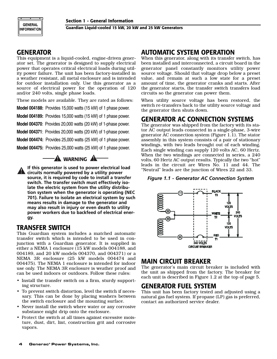 Generator, Transfer switch, Automatic system operation | Generator ac connection systems, Main circuit breaker, Generator fuel system | Generac Power Systems 004475-1 User Manual | Page 6 / 60