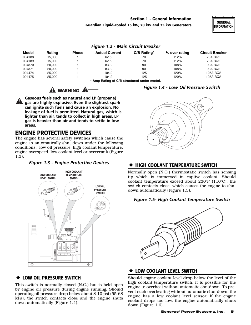 Engine protective devices, Low oil pressure switch, High coolant temperature switch | Low coolant level switch, Figure 1.3 - engine protective devices, Figure 1.4 - low oil pressure switch, Figure 1.5- high coolant temperature switch, Figure 1.2 - main circuit breaker | Generac Power Systems 004475-1 User Manual | Page 7 / 60