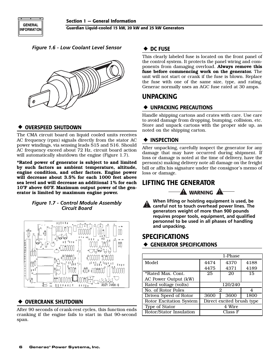 Unpacking, Lifting the generator, Specifications | Generac Power Systems 004475-1 User Manual | Page 8 / 60