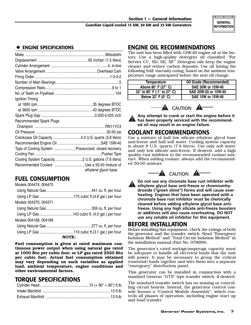 Fuel consumption, Torque specifications, Engine oil recommendations | Coolant recommendations, Before installation | Generac Power Systems 004475-1 User Manual | Page 9 / 60