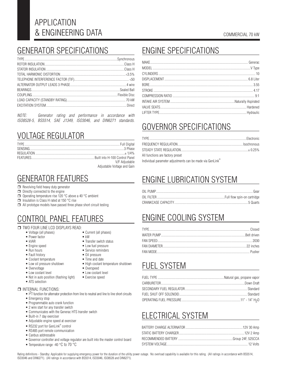 Application & engineering data, Generator specifications, Generator features | Voltage regulator, Control panel features, Engine specifications, Governor specifications, Engine lubrication system, Engine cooling system, Fuel system | Generac Power Systems Whisper - Test UL 2200 User Manual | Page 2 / 4