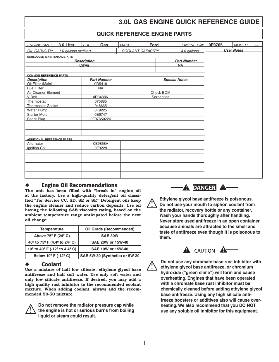 0l gas engine quick reference guide, Danger, Quick reference engine parts | Engine oil recommendations, Coolant | Generac Power Systems FORD DURATEC 0F9765MNL User Manual | Page 3 / 28