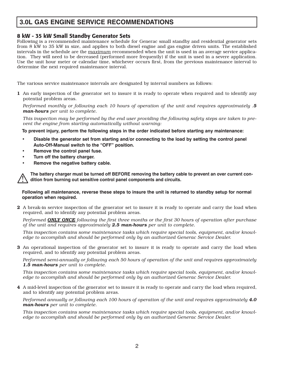 0l gas engine service recommendations | Generac Power Systems FORD DURATEC 0F9765MNL User Manual | Page 4 / 28