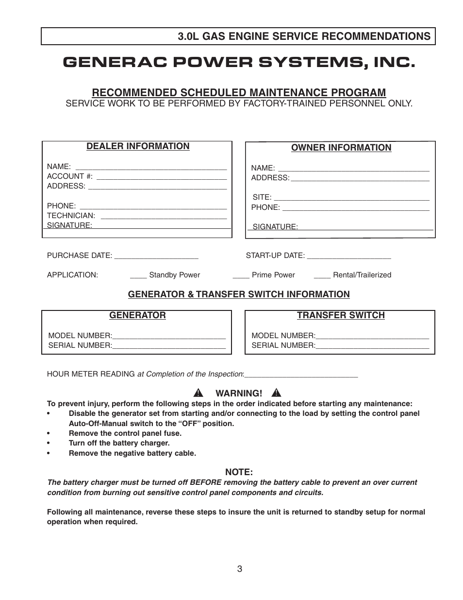 Generac power systems, inc, Recommended scheduled maintenance program, 0l gas engine service recommendations | Generac Power Systems FORD DURATEC 0F9765MNL User Manual | Page 5 / 28