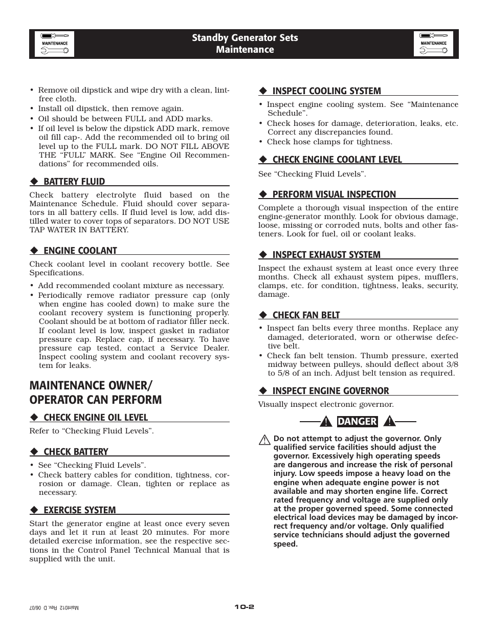 Maintenance owner/ operator can perform | Generac Power Systems 2.4L User Manual | Page 17 / 68
