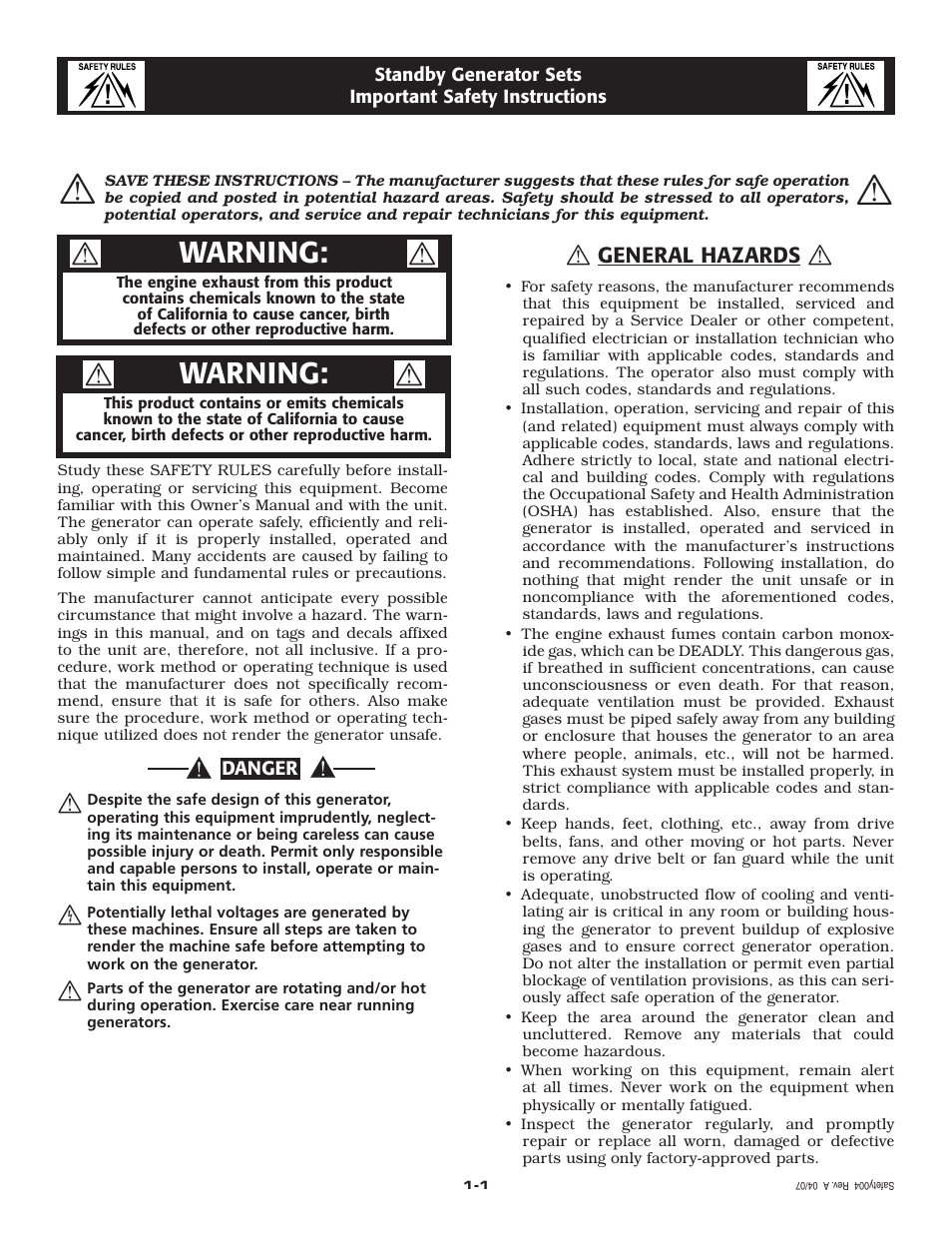 Warning | Generac Power Systems 2.4L User Manual | Page 3 / 68