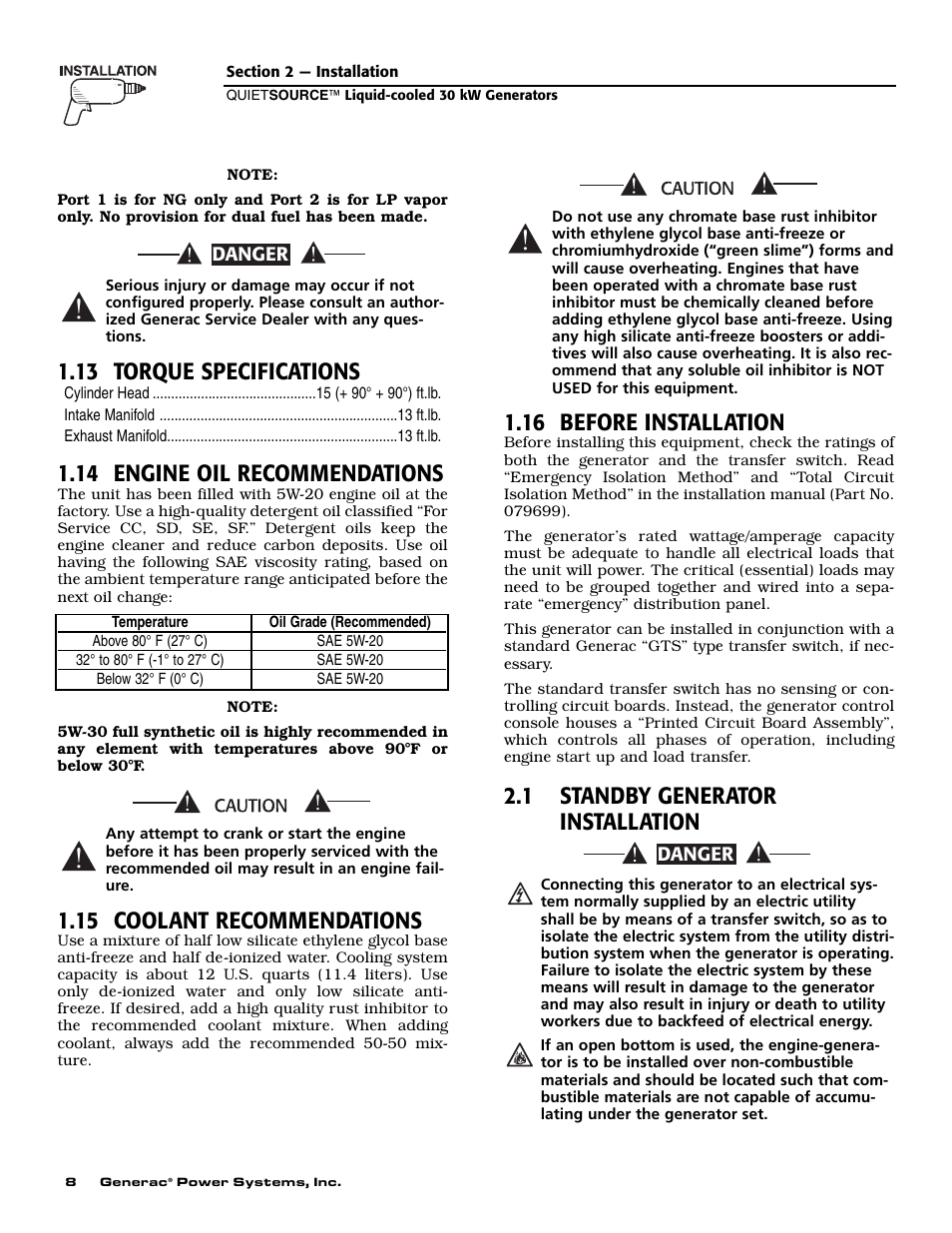 13 torque specifications, 14 engine oil recommendations, 15 coolant recommendations | 16 before installation, 1 standby generator installation | Generac Power Systems 004917-2 User Manual | Page 10 / 48