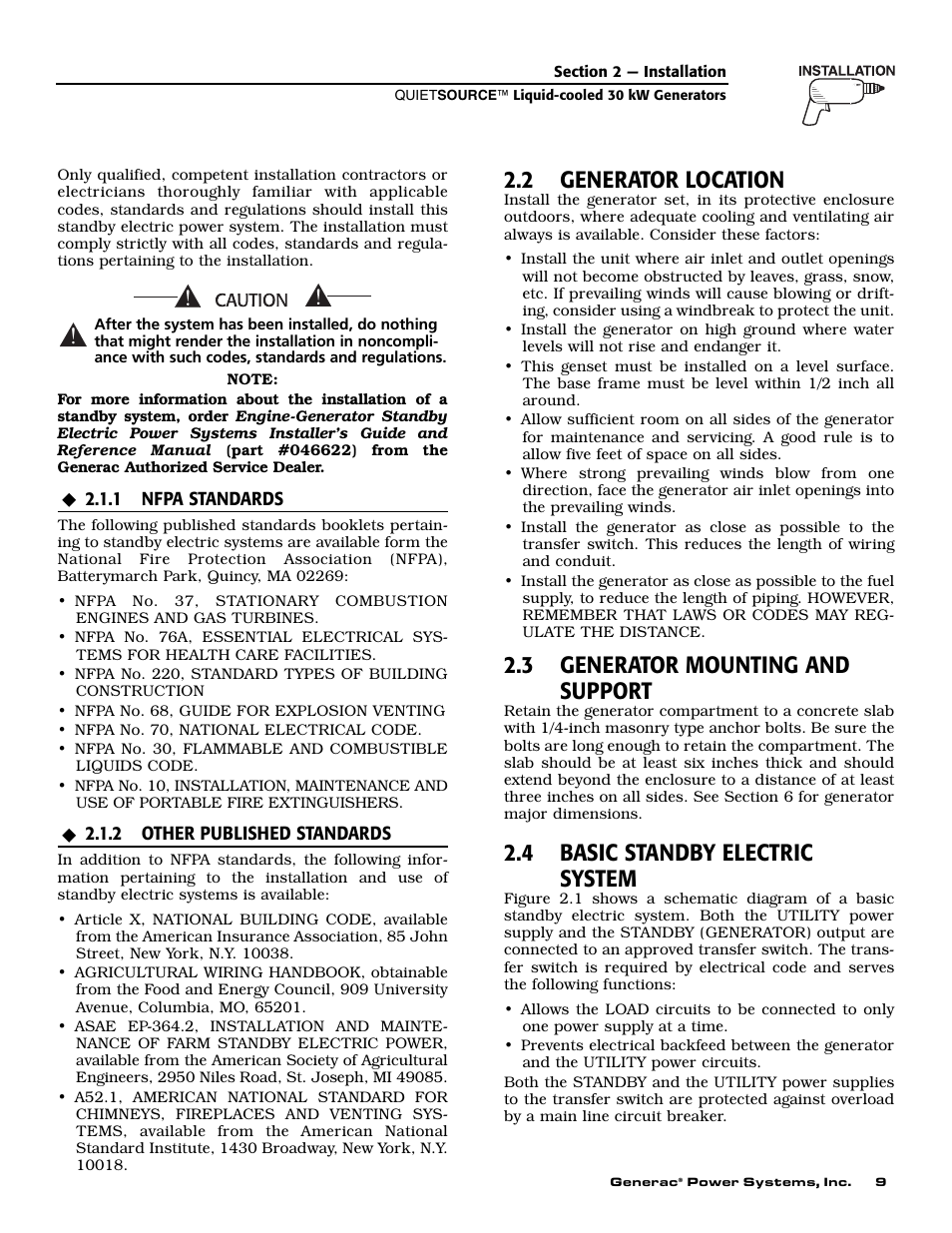 2 generator location, 3 generator mounting and support, 4 basic standby electric system | Generac Power Systems 004917-2 User Manual | Page 11 / 48