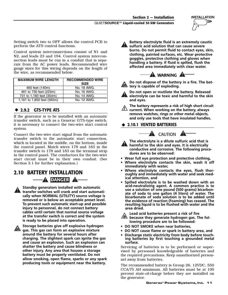 10 battery installation, Danger | Generac Power Systems 004917-2 User Manual | Page 13 / 48