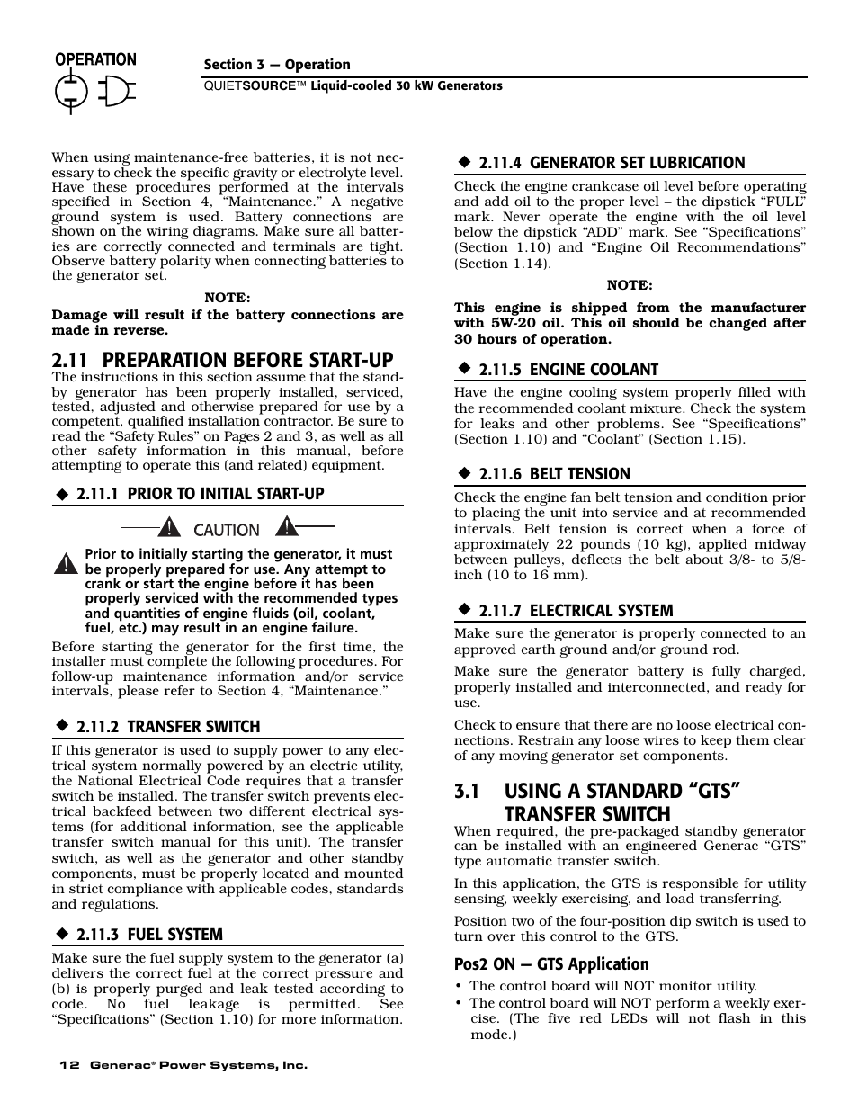 11 preparation before start-up, 1 using a standard “gts” transfer switch | Generac Power Systems 004917-2 User Manual | Page 14 / 48
