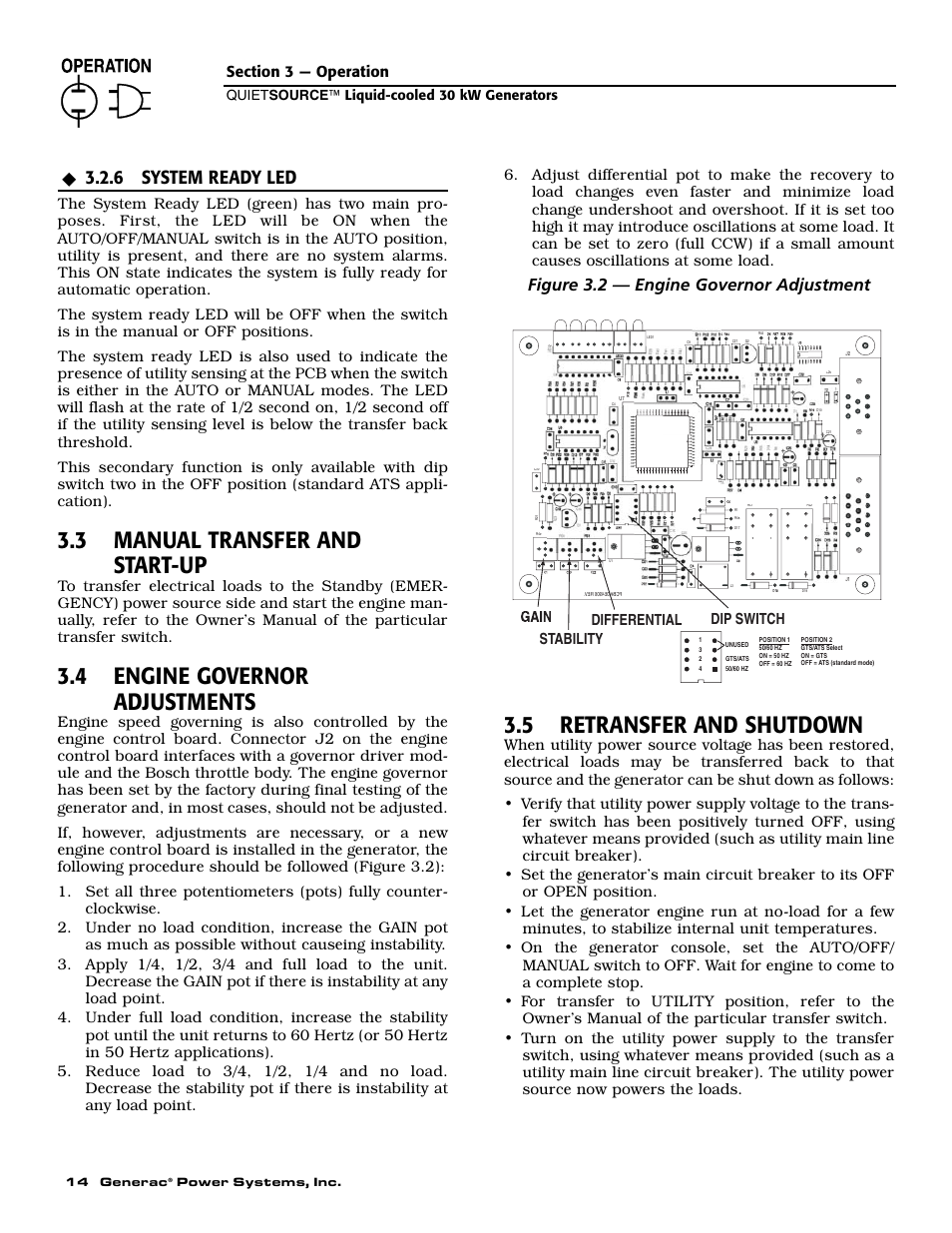 3 manual transfer and start-up, 4 engine governor adjustments, 5 retransfer and shutdown | 6 system ready led, Figure 3.2 — engine governor adjustment, Stability differential dip switch | Generac Power Systems 004917-2 User Manual | Page 16 / 48