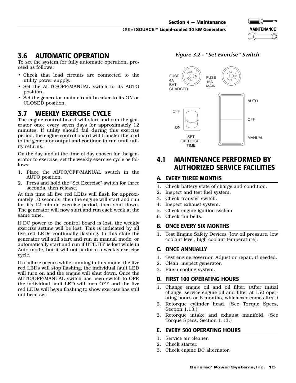 6 automatic operation, 7 weekly exercise cycle, A. every three months | B. once every six months, C. once annually, D. first 100 operating hours, E. every 500 operating hours, Figure 3.2 - “set exercise” switch | Generac Power Systems 004917-2 User Manual | Page 17 / 48