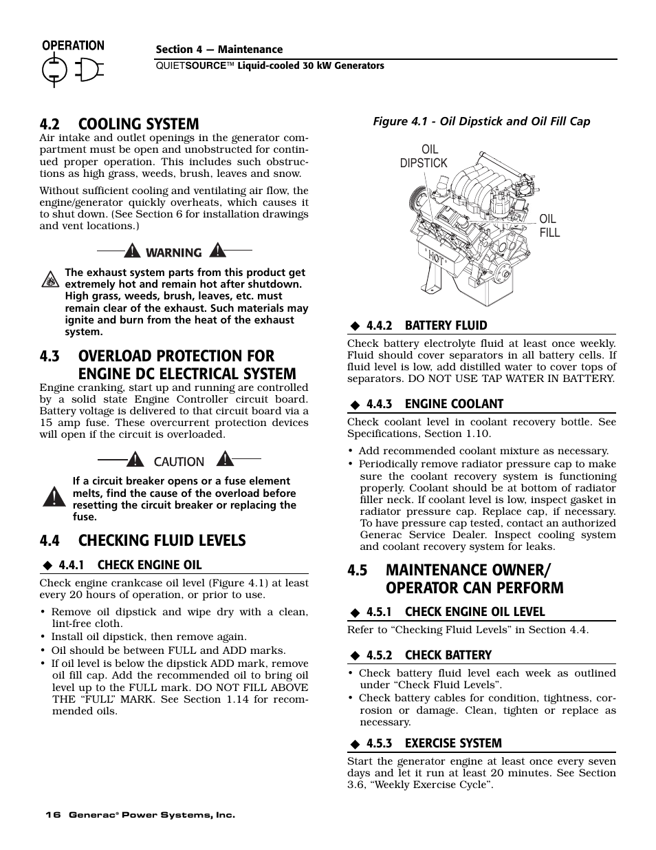 2 cooling system, 4 checking fluid levels, 5 maintenance owner/ operator can perform | Generac Power Systems 004917-2 User Manual | Page 18 / 48