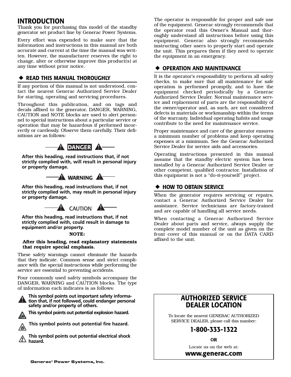 Introduction, Authorized service dealer location | Generac Power Systems 004917-2 User Manual | Page 2 / 48