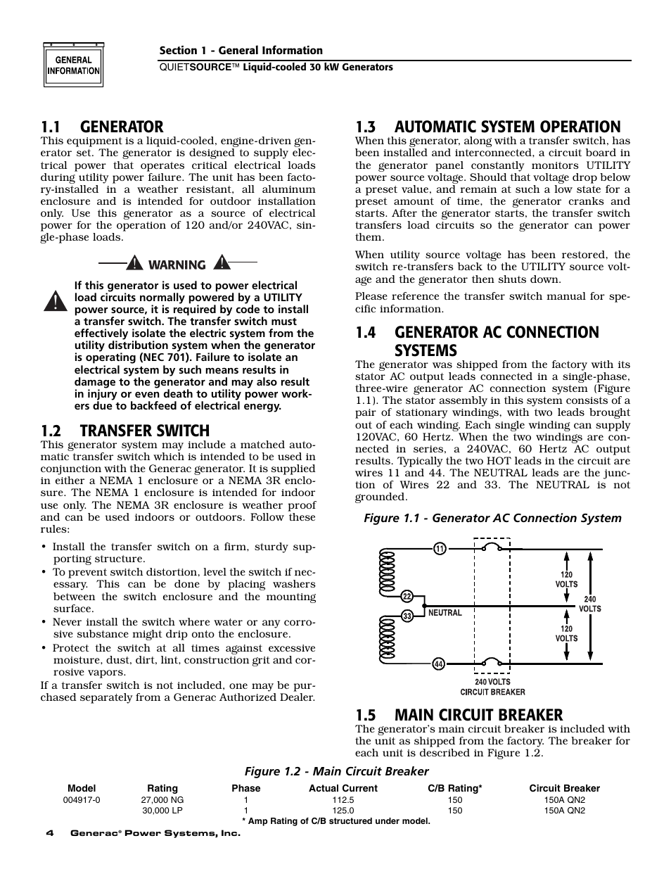 1 generator, 2 transfer switch, 3 automatic system operation | 4 generator ac connection systems, 5 main circuit breaker | Generac Power Systems 004917-2 User Manual | Page 6 / 48