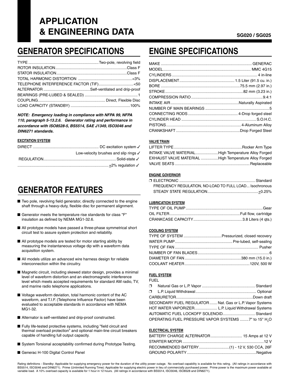 Generator specifications, Engine specifications, Application & engineering data generator features | Generac Power Systems SG020 User Manual | Page 2 / 4