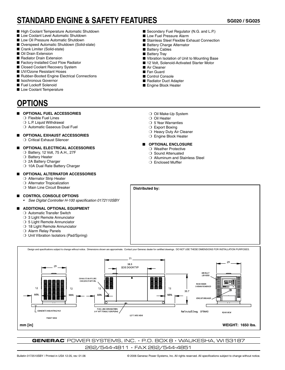 Standard engine & safety features options | Generac Power Systems SG020 User Manual | Page 4 / 4