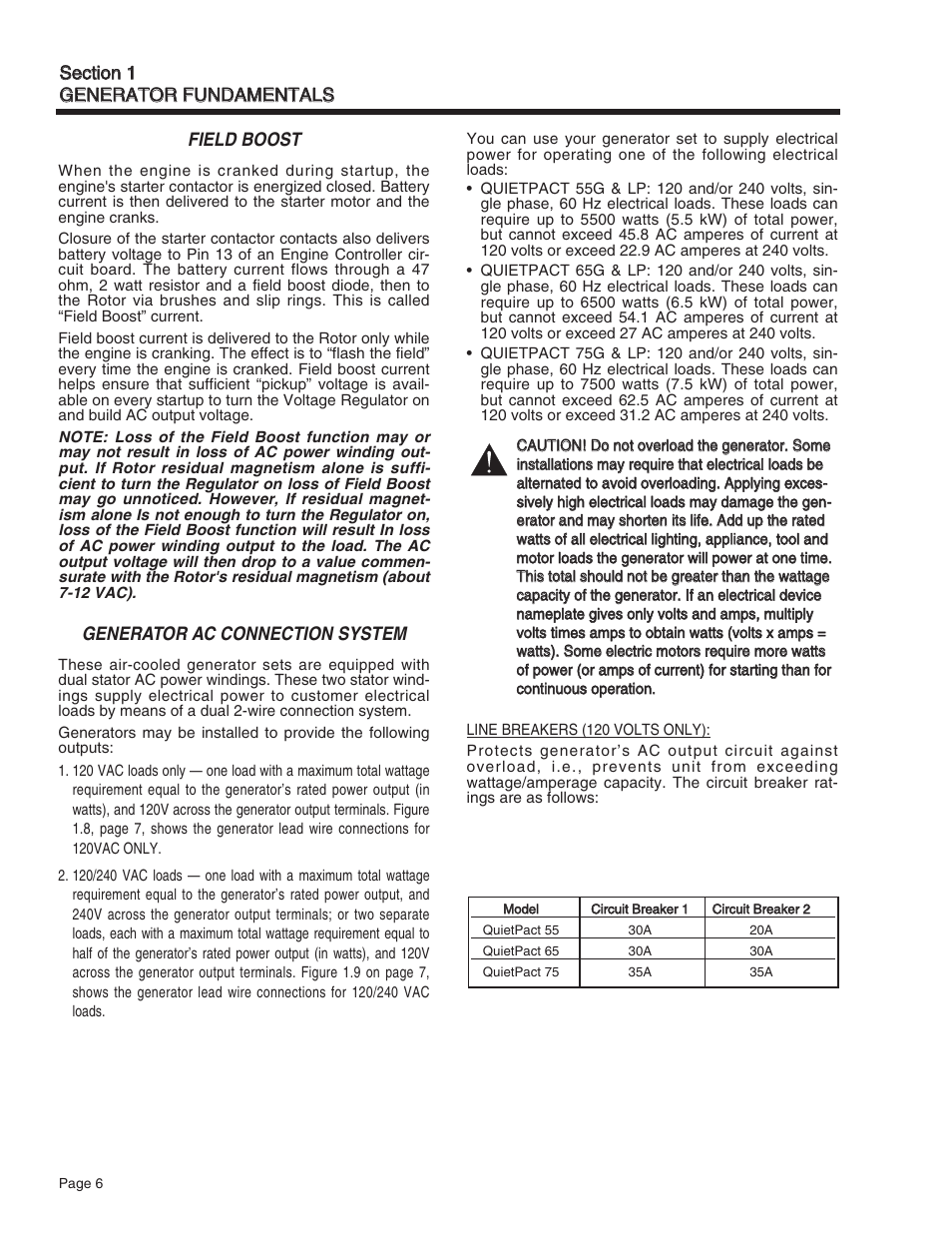 Field boost, Generator ac connection system | Generac Power Systems Quietpact 75 User Manual | Page 8 / 92