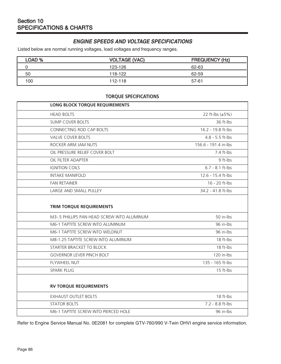 Engine speeds and voltage specifications | Generac Power Systems Quietpact 75 User Manual | Page 88 / 92