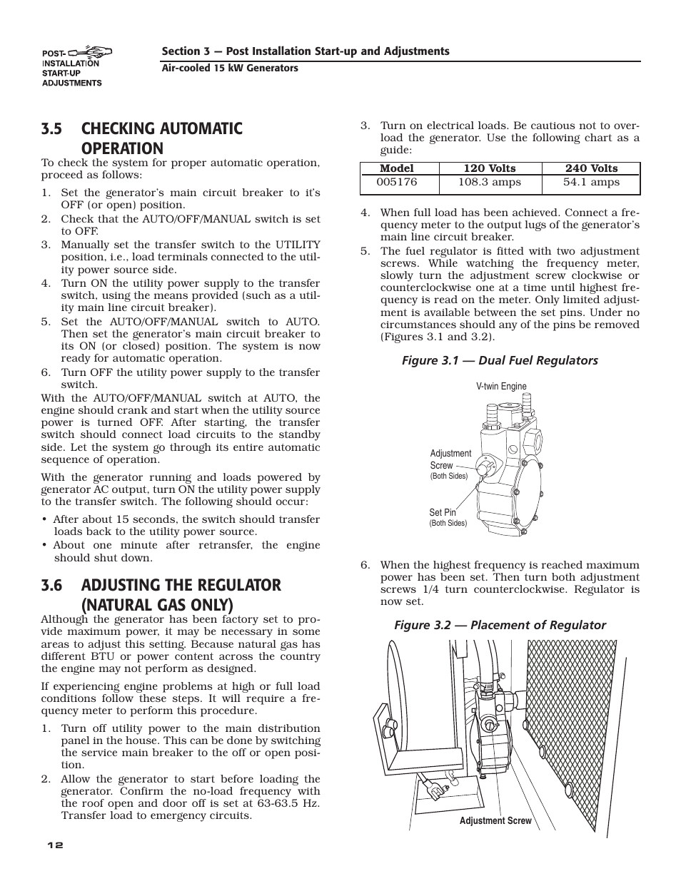 5 checking automatic operation, 6 adjusting the regulator (natural gas only) | Generac Power Systems 05176-0 User Manual | Page 14 / 52