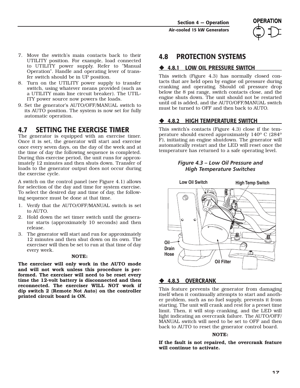 7 setting the exercise timer, 8 protection systems | Generac Power Systems 05176-0 User Manual | Page 19 / 52