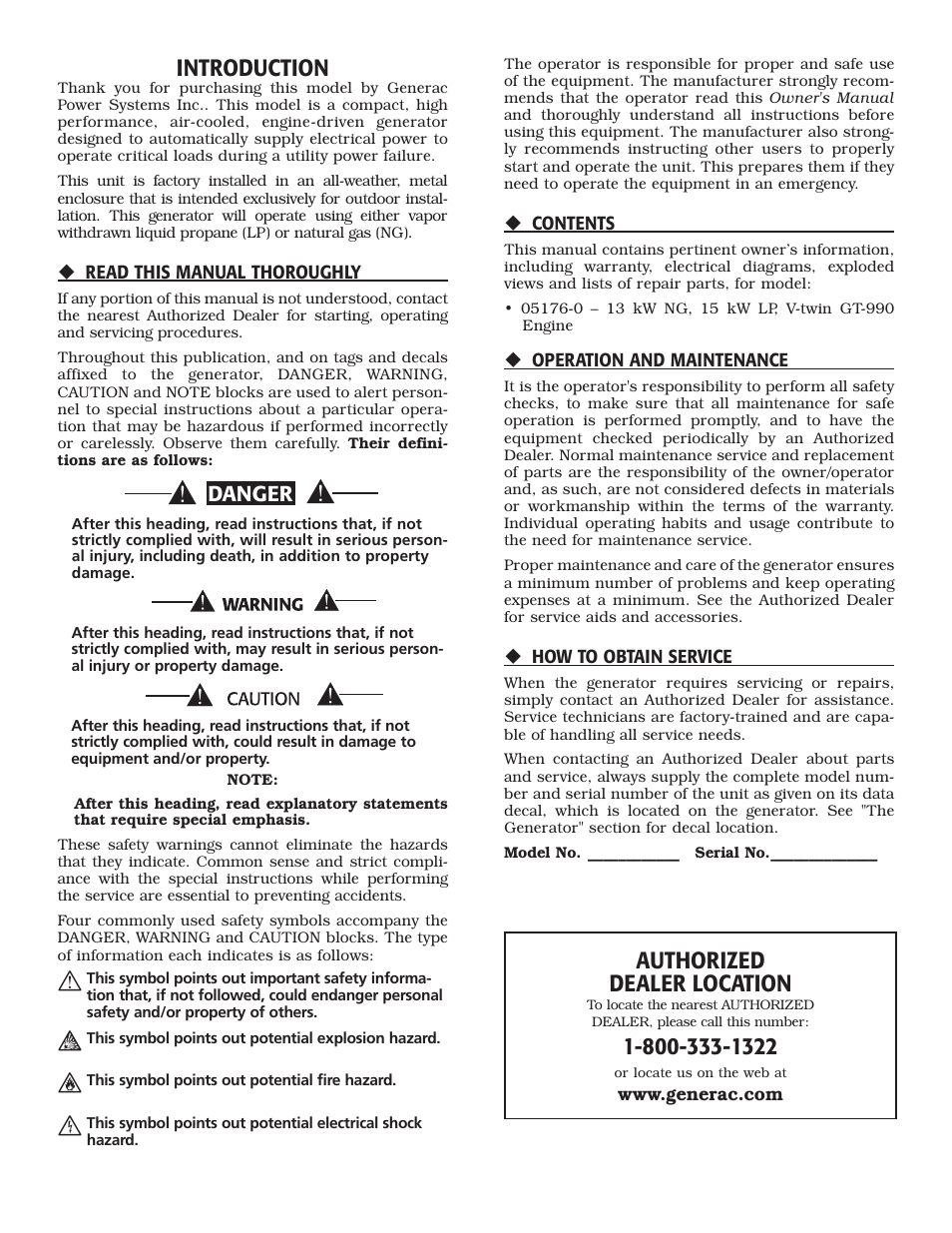 Introduction, Authorized dealer location, Danger | Generac Power Systems 05176-0 User Manual | Page 2 / 52