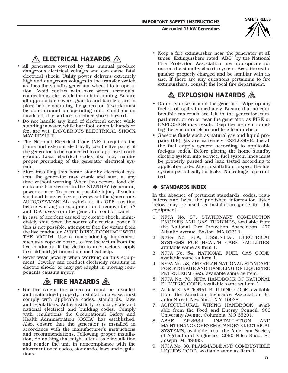 Electrical hazards, Fire hazards, Explosion hazards | Generac Power Systems 05176-0 User Manual | Page 5 / 52