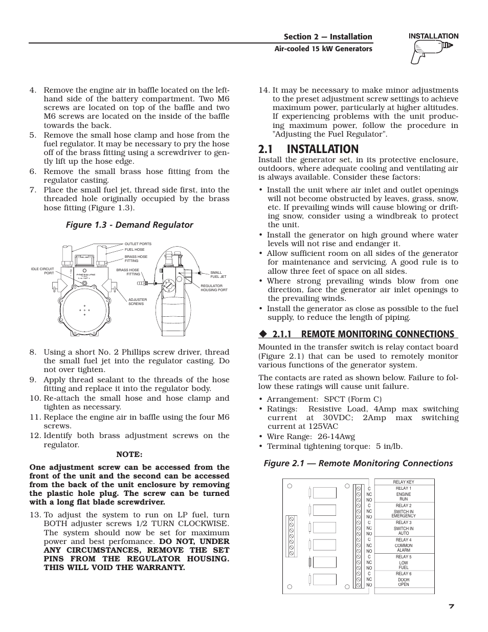 1 installation, 1 remote monitoring connections, Figure 1.3 - demand regulator | Figure 2.1 — remote monitoring connections | Generac Power Systems 05176-0 User Manual | Page 9 / 52