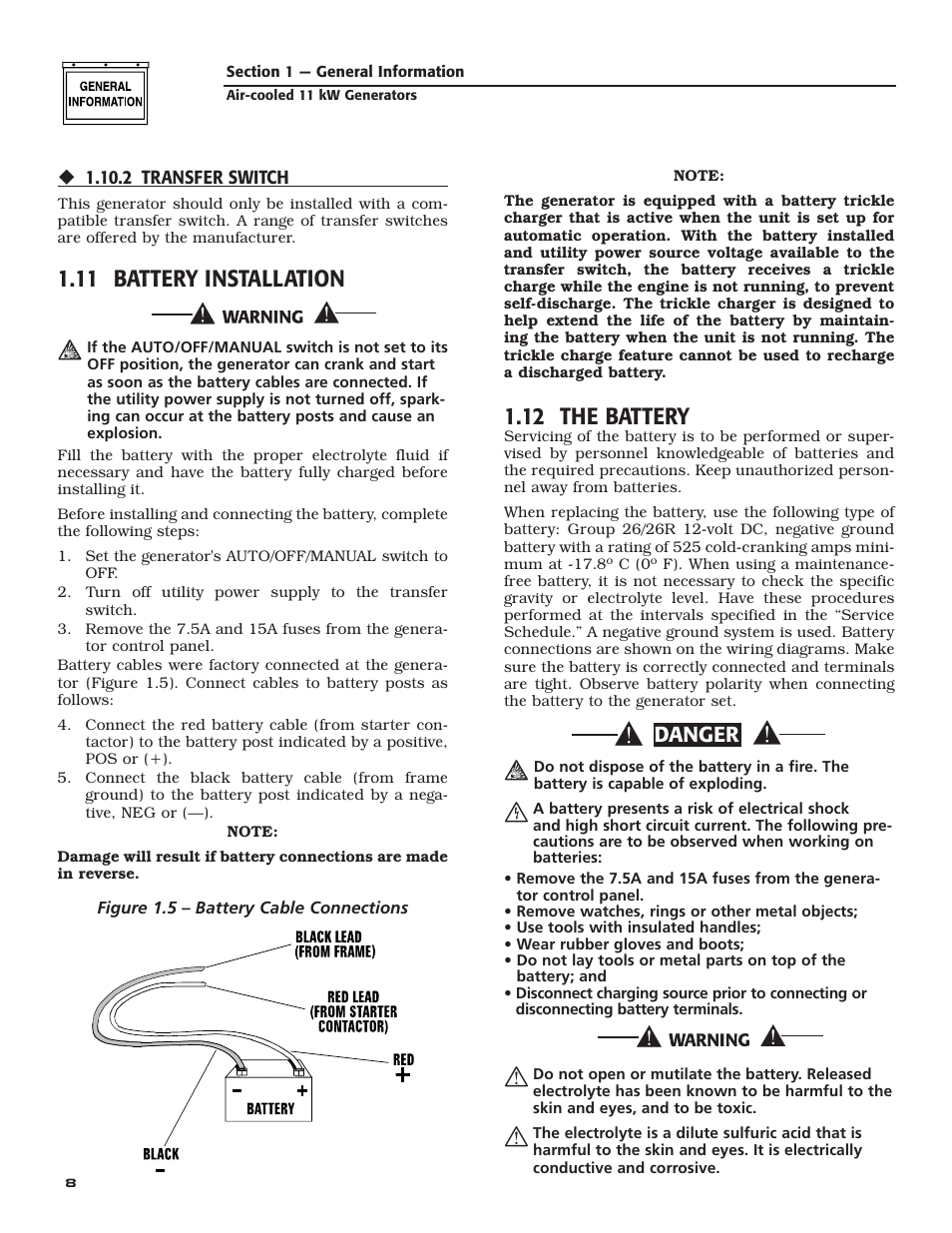 11 battery installation, 12 the battery, Danger | Generac Power Systems 004916-0 User Manual | Page 10 / 44