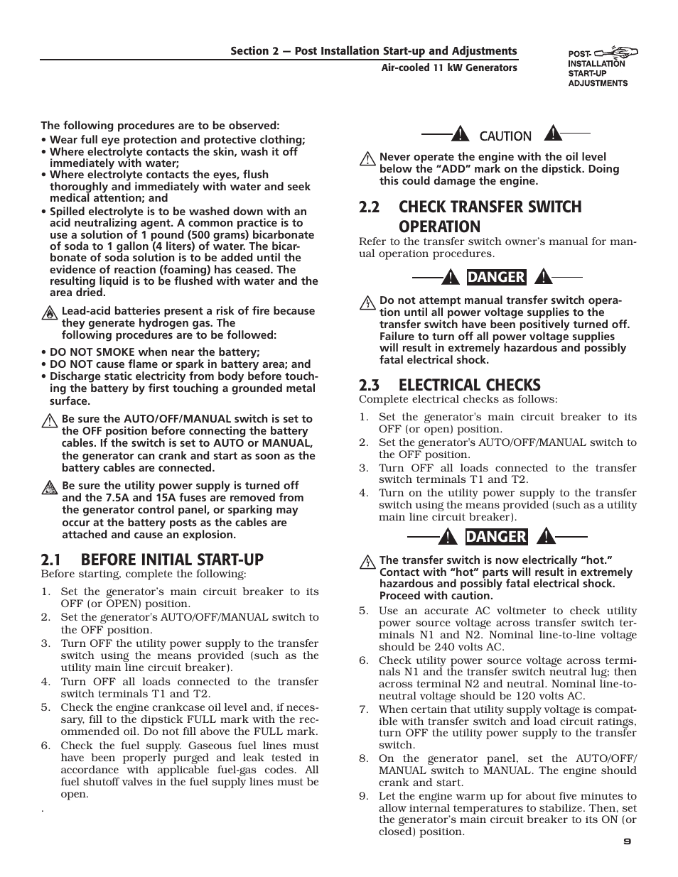 1 before initial start-up, 2 check transfer switch operation, 3 electrical checks | Danger | Generac Power Systems 004916-0 User Manual | Page 11 / 44