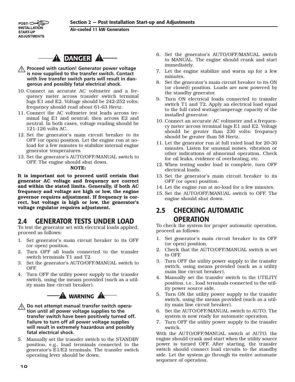 4 generator tests under load, 5 checking automatic operation, Danger | Generac Power Systems 004916-0 User Manual | Page 12 / 44