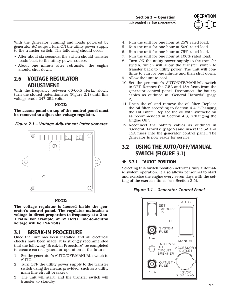 6 voltage regulator adjustment, 1 break-in procedure, 2 using the auto/off/manual switch (figure 3.1) | Generac Power Systems 004916-0 User Manual | Page 13 / 44