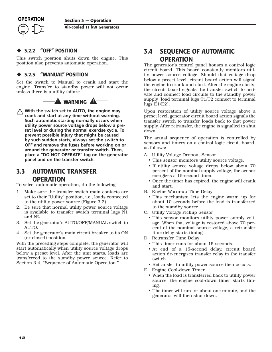 3 automatic transfer operation, 4 sequence of automatic operation | Generac Power Systems 004916-0 User Manual | Page 14 / 44