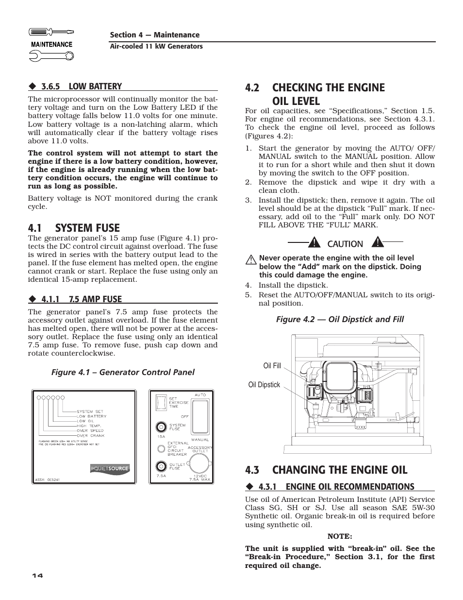 1 system fuse, 2 checking the engine oil level, 3 changing the engine oil | Generac Power Systems 004916-0 User Manual | Page 16 / 44