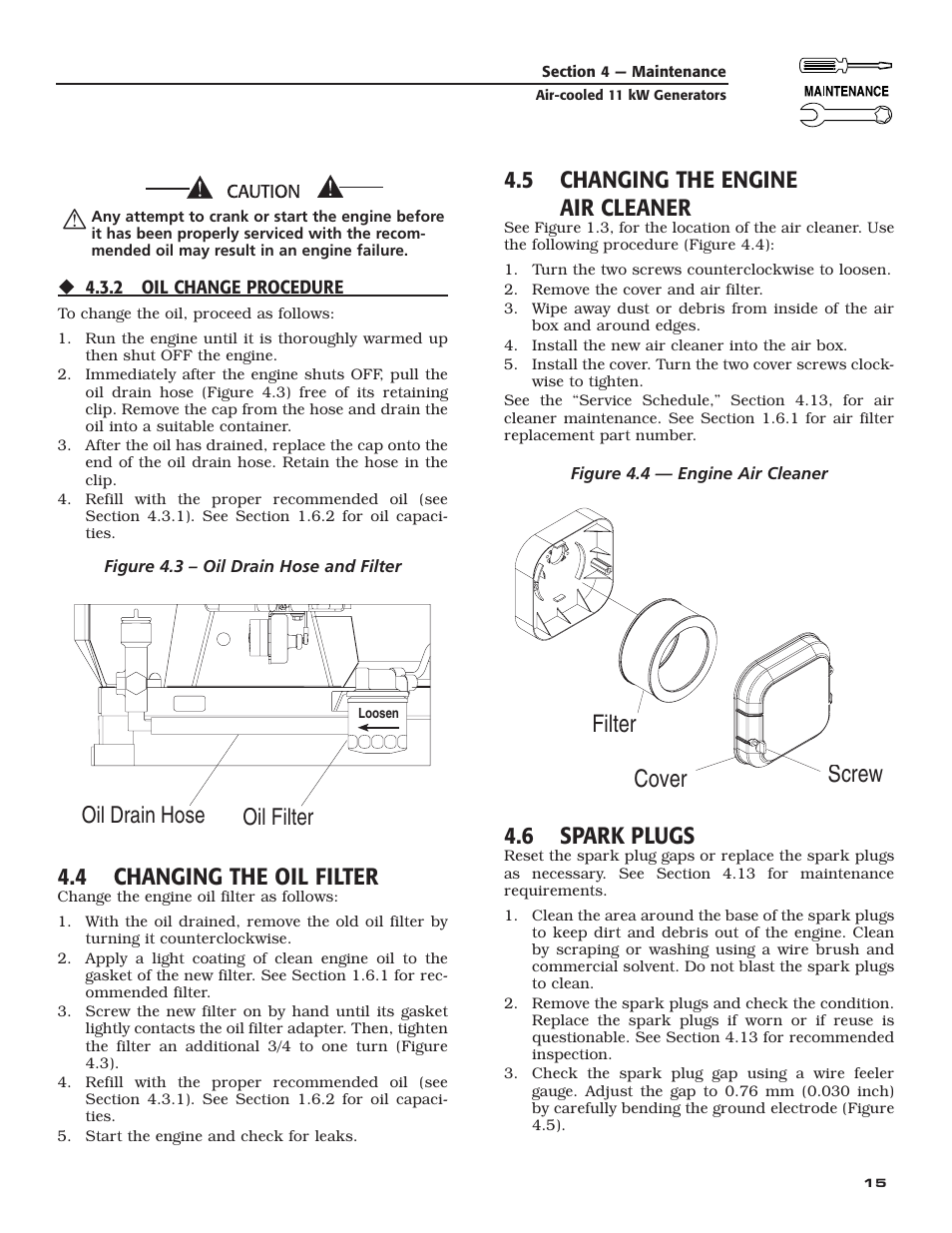 Screw cover filter, 5 changing the engine air cleaner, 6 spark plugs | Generac Power Systems 004916-0 User Manual | Page 17 / 44