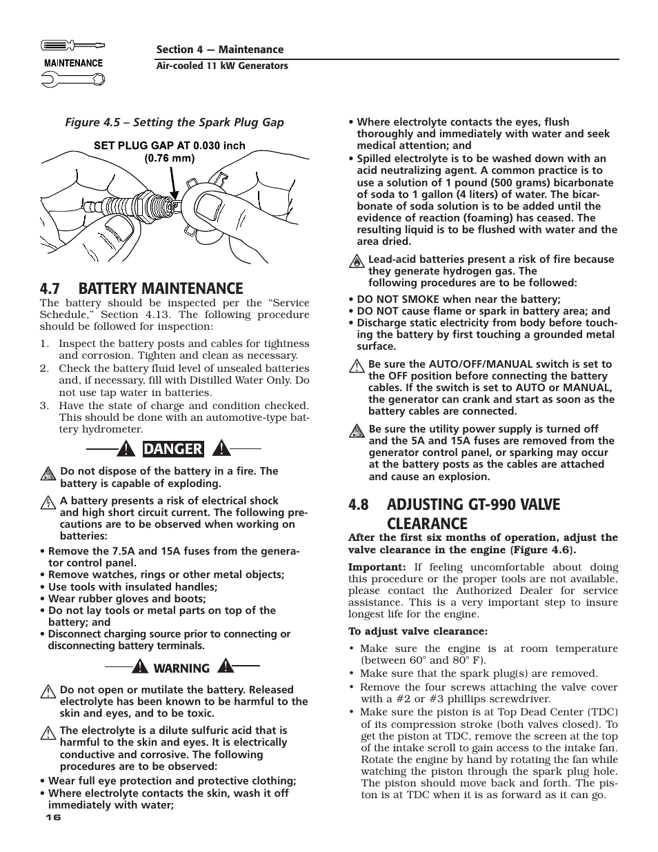 7 battery maintenance, 8 adjusting gt-990 valve clearance, Danger | Generac Power Systems 004916-0 User Manual | Page 18 / 44