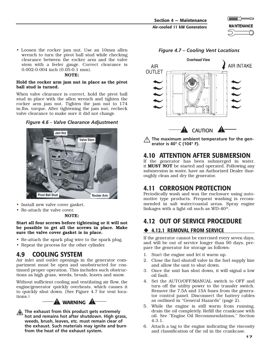 9 cooling system, 10 attention after submersion, 11 corrosion protection | 12 out of service procedure | Generac Power Systems 004916-0 User Manual | Page 19 / 44