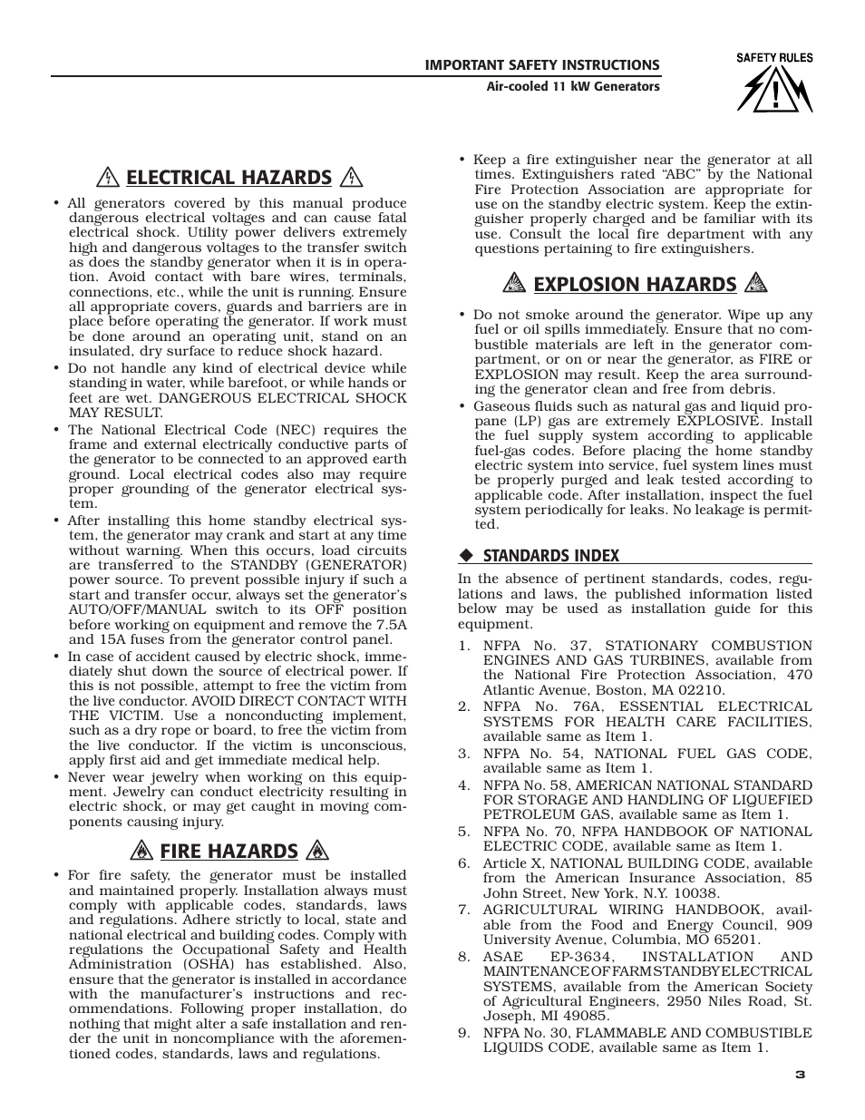Electrical hazards, Fire hazards, Explosion hazards | Generac Power Systems 004916-0 User Manual | Page 5 / 44