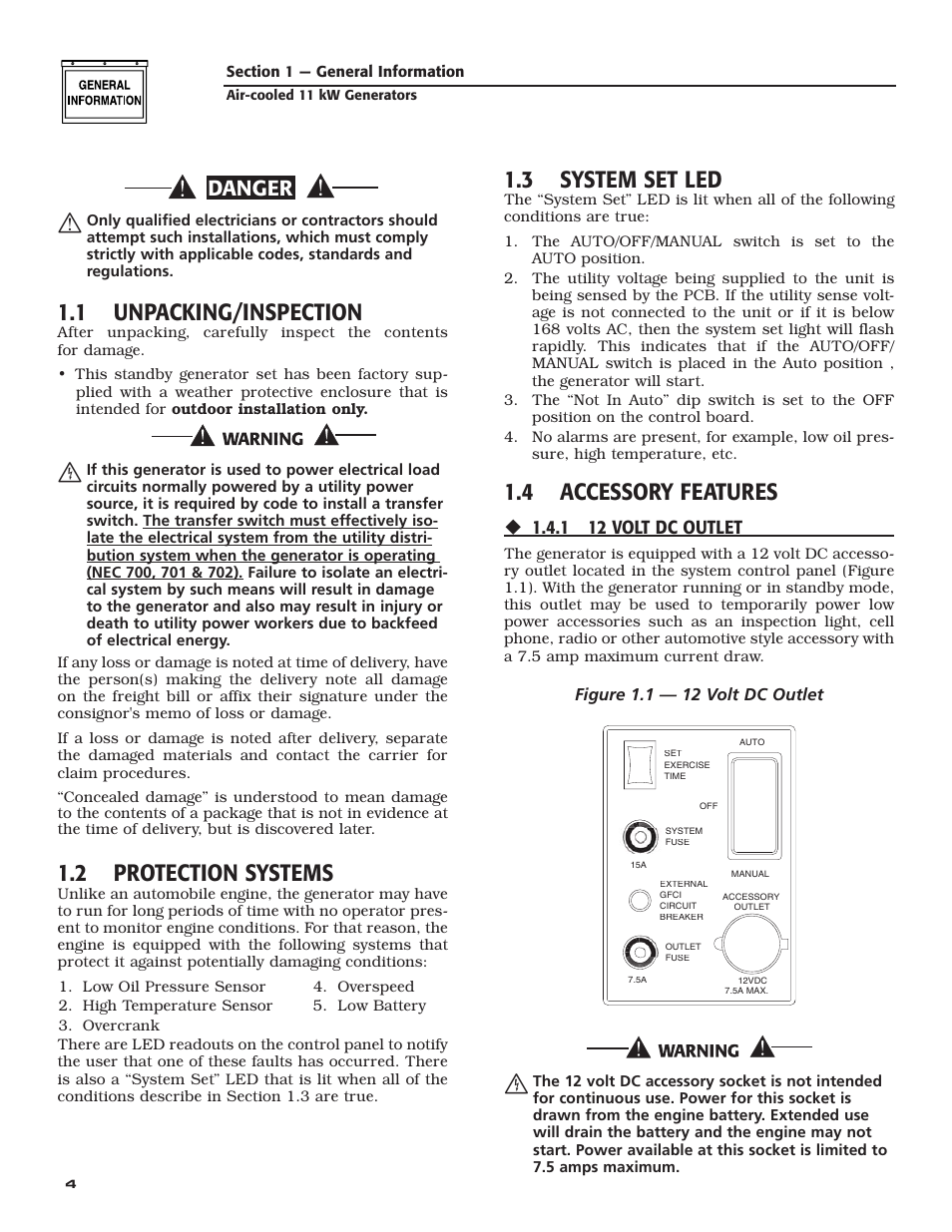 1 unpacking/inspection, 2 protection systems, 3 system set led | 4 accessory features, Danger, 1 12 volt dc outlet | Generac Power Systems 004916-0 User Manual | Page 6 / 44