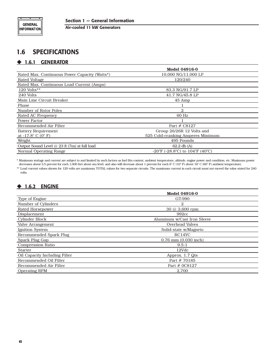 6 specifications, 1 generator, 2 engine | Generac Power Systems 004916-0 User Manual | Page 8 / 44