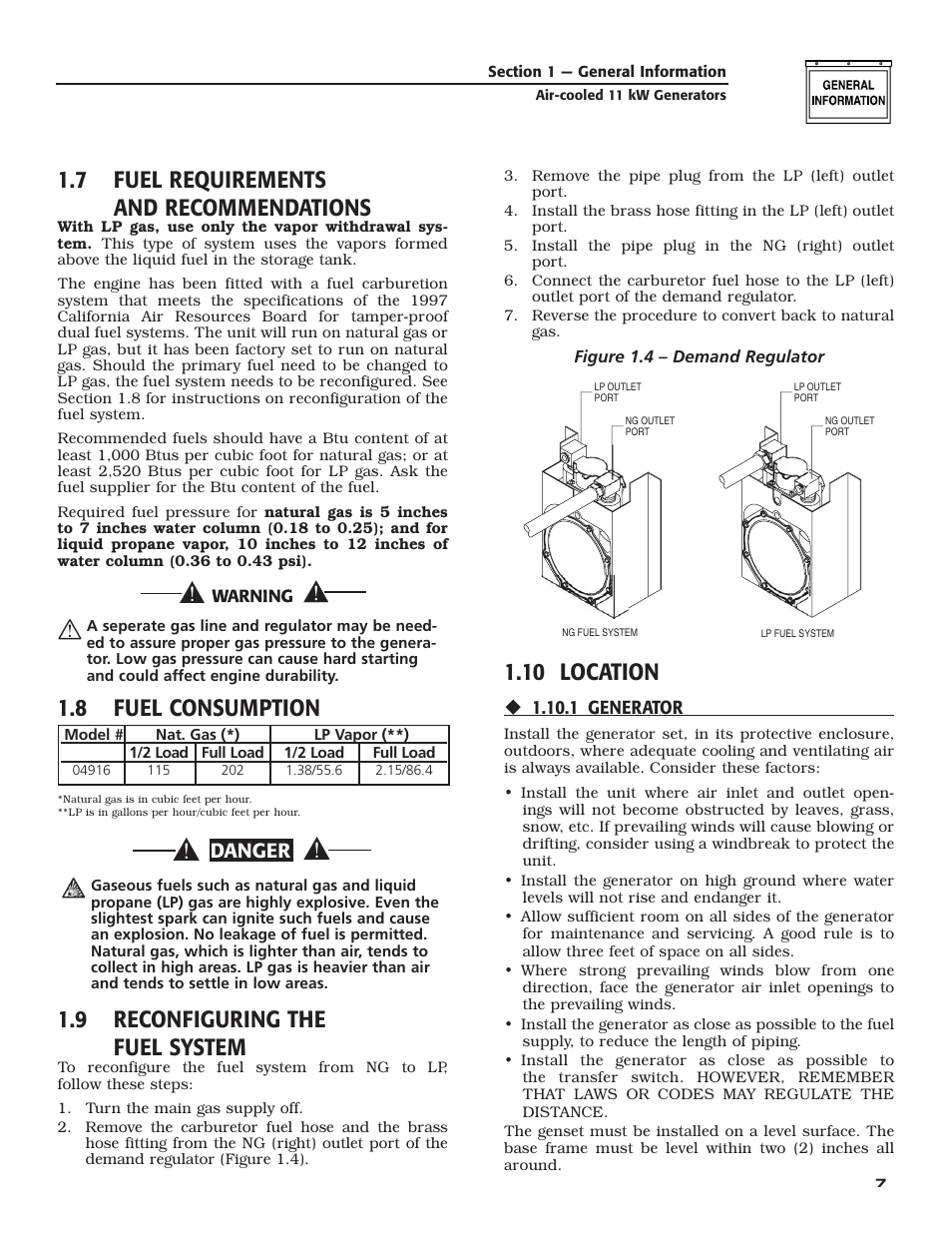 7 fuel requirements and recommendations, 8 fuel consumption, 9 reconfiguring the fuel system | 10 location, Danger | Generac Power Systems 004916-0 User Manual | Page 9 / 44