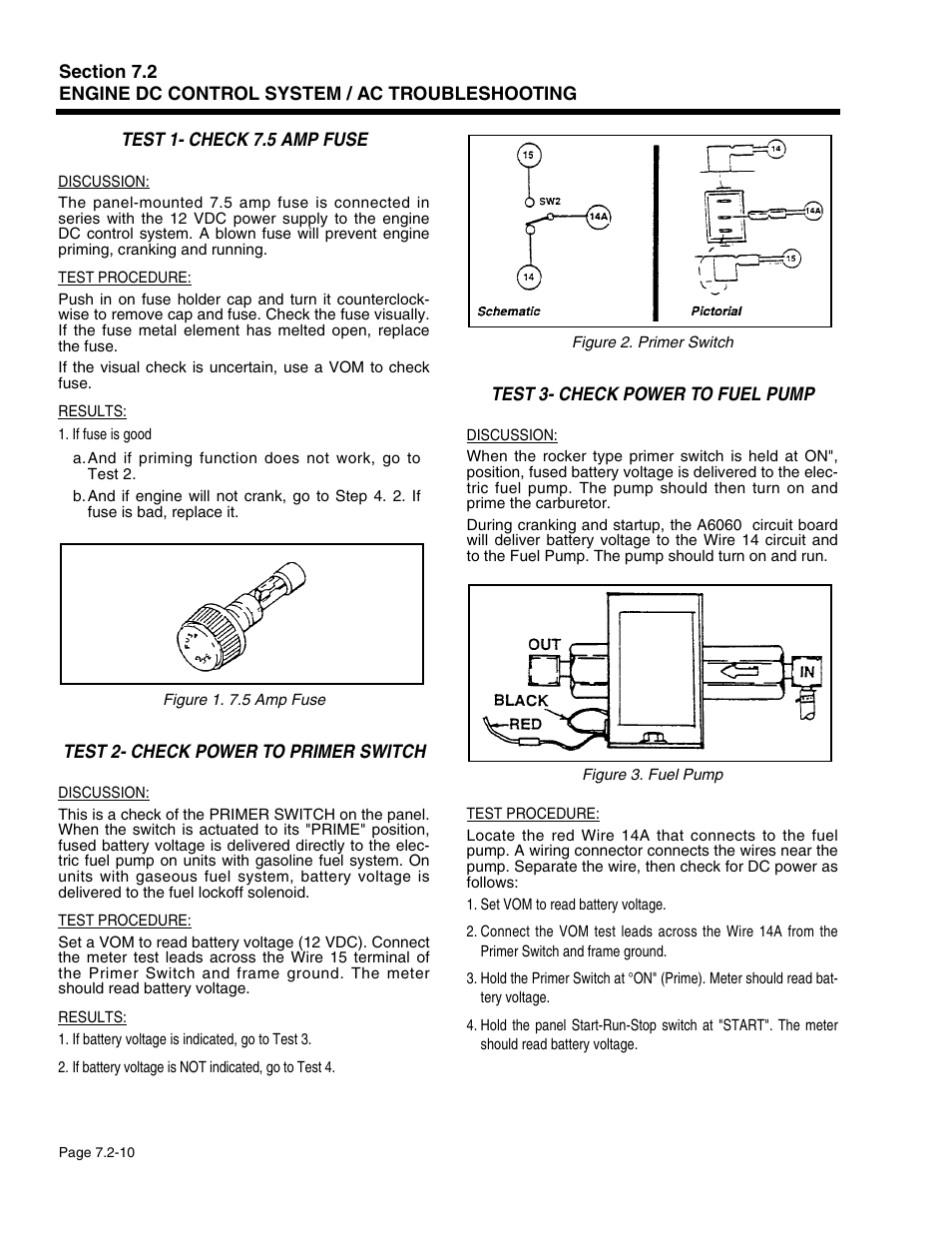 Test 1- check 7.5 amp fuse, Test 2- check power to primer switch, Test 3- check power to fuel pump | Generac Power Systems 941-2 User Manual | Page 120 / 144