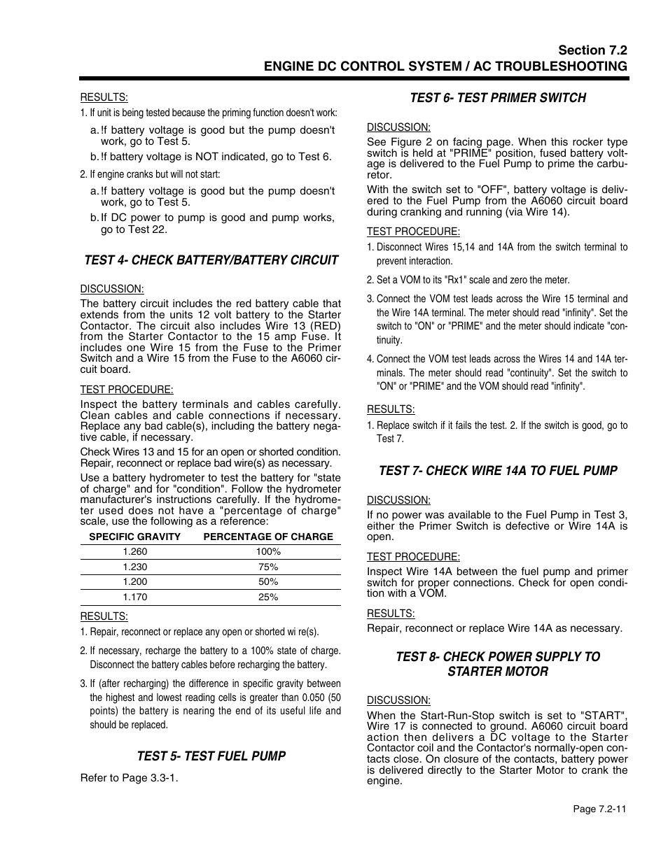 Test 4- check battery/battery circuit, Test 5- test fuel pump, Test 6- test primer switch | Test 7- check wire 14a to fuel pump, Test 8- check power supply to starter motor | Generac Power Systems 941-2 User Manual | Page 121 / 144