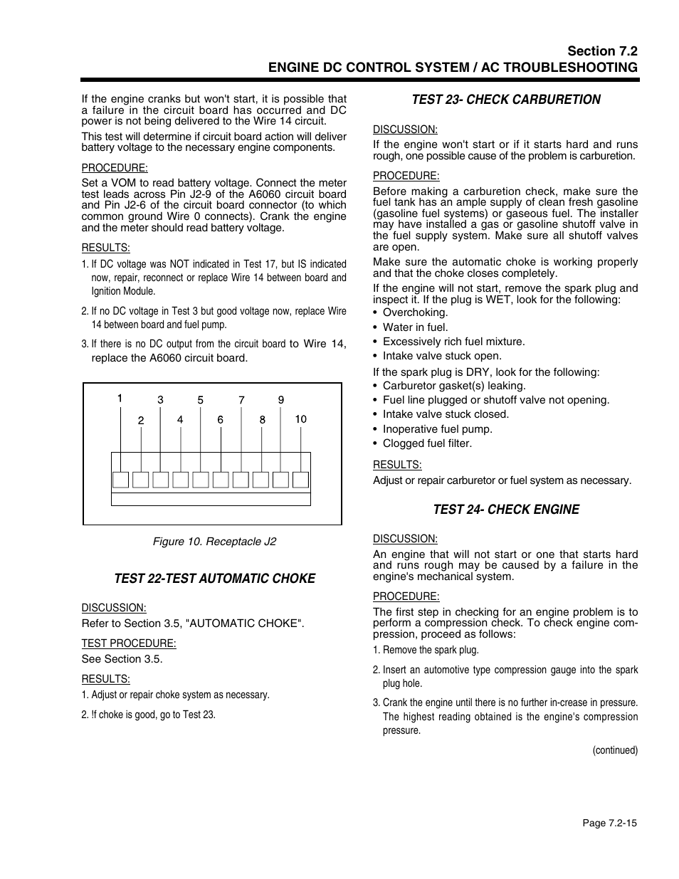 Test 22-test automatic choke, Test 23- check carburetion, Test 24- check engine | Generac Power Systems 941-2 User Manual | Page 125 / 144