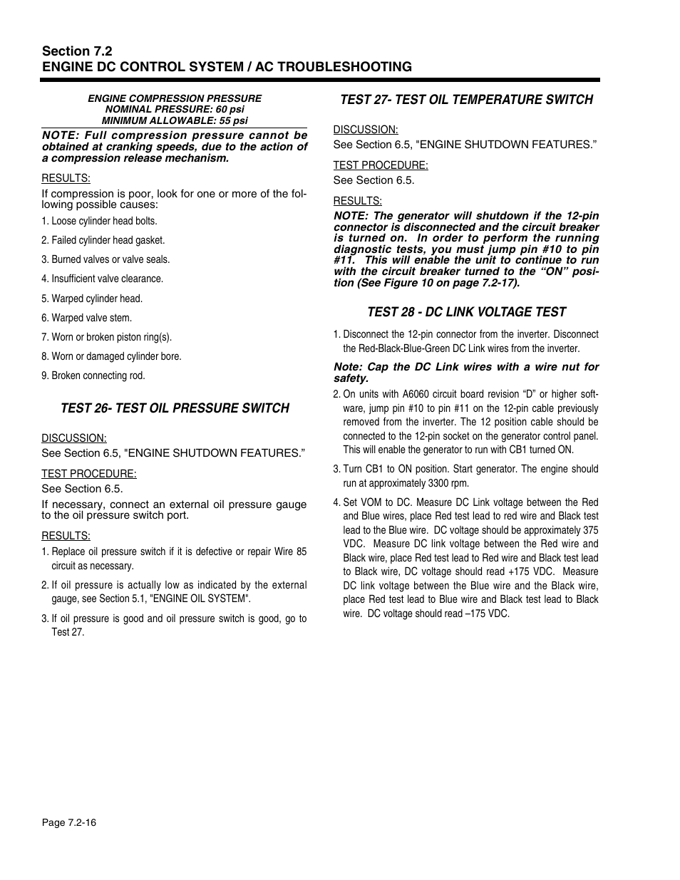 Test 26- test oil pressure switch, Test 27- test oil temperature switch, Test 28 - dc link voltage test | Generac Power Systems 941-2 User Manual | Page 126 / 144