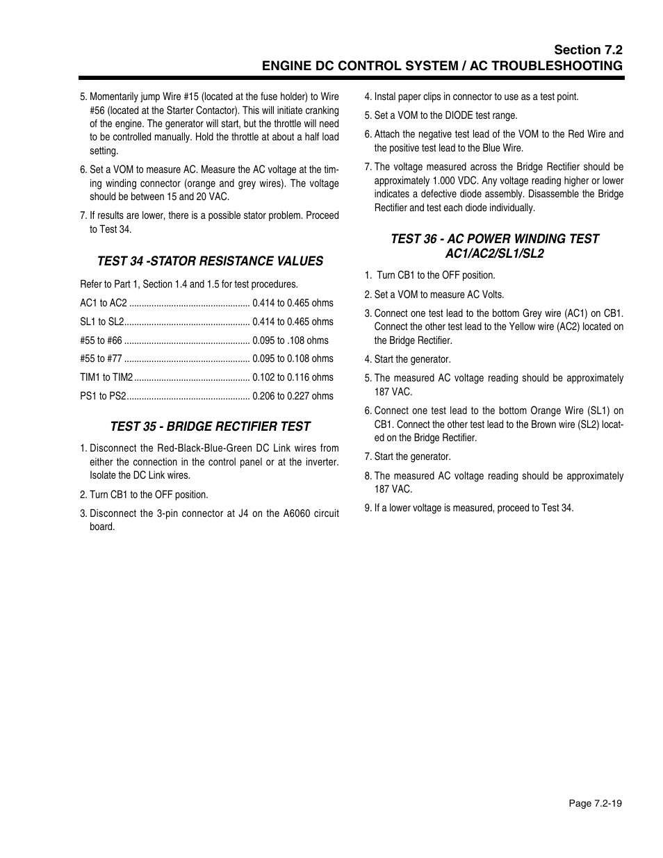 Test 34 -stator resistance values, Test 35 - bridge rectifier test | Generac Power Systems 941-2 User Manual | Page 129 / 144