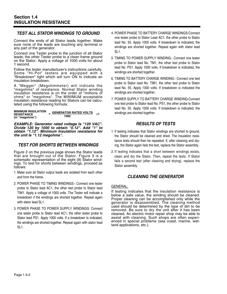 Test all stator windings to ground, Test for shorts between windings, Results of tests | Cleaning the generator | Generac Power Systems 941-2 User Manual | Page 20 / 144